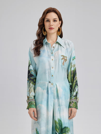 Silk Palm Print Tie Shirt