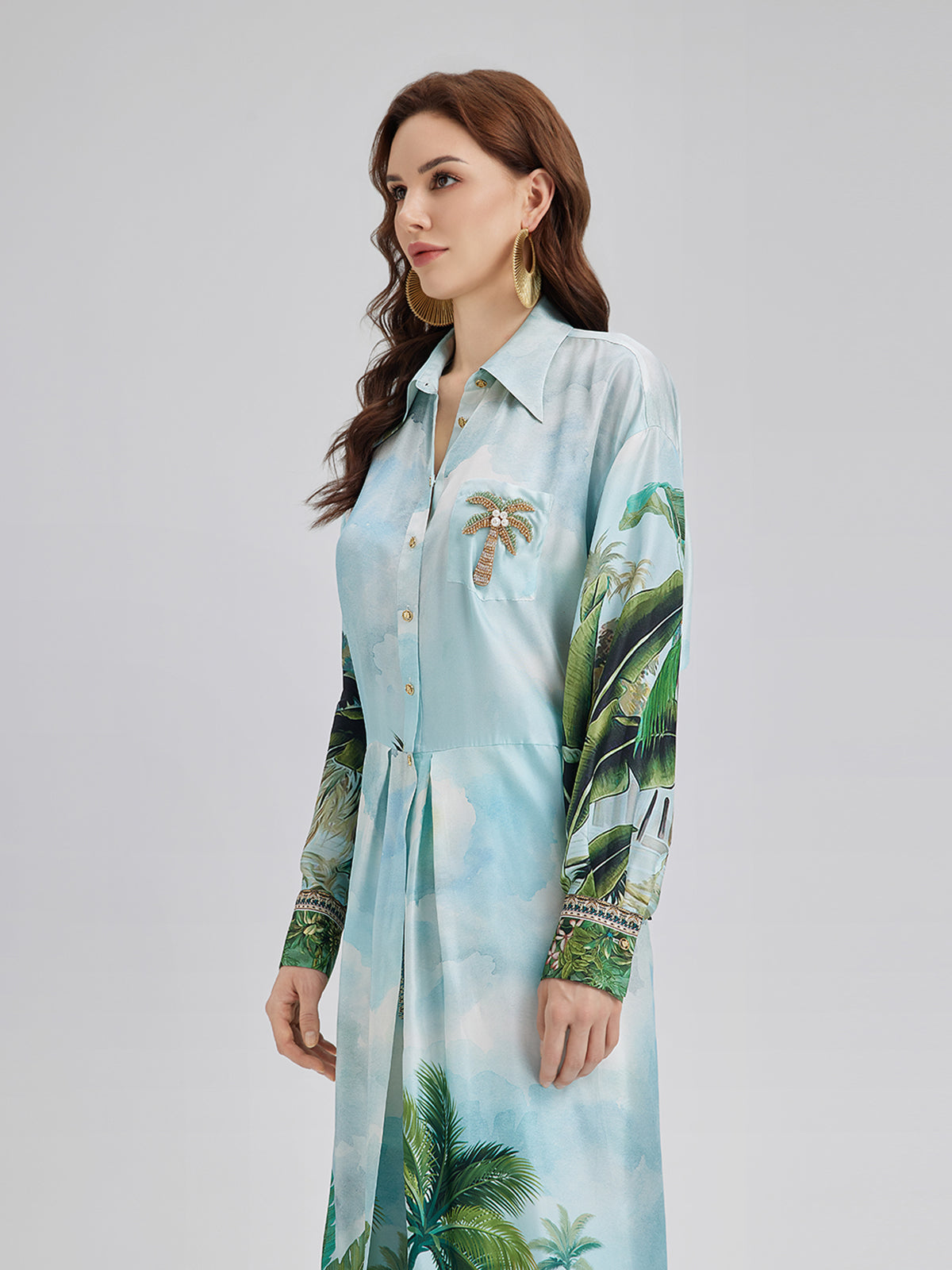 Silk Palm Print Tie Shirt
