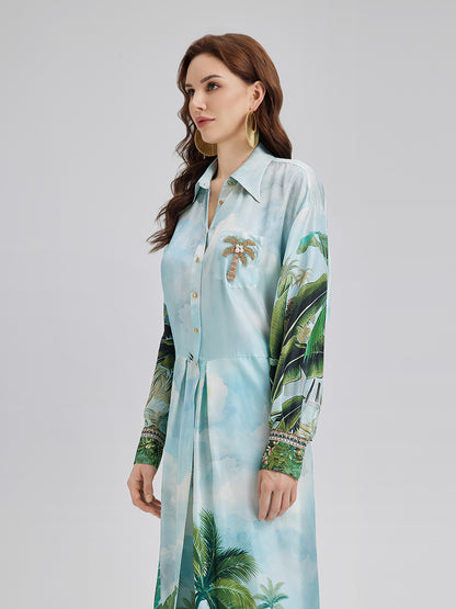 Silk Palm Print Tie Shirt