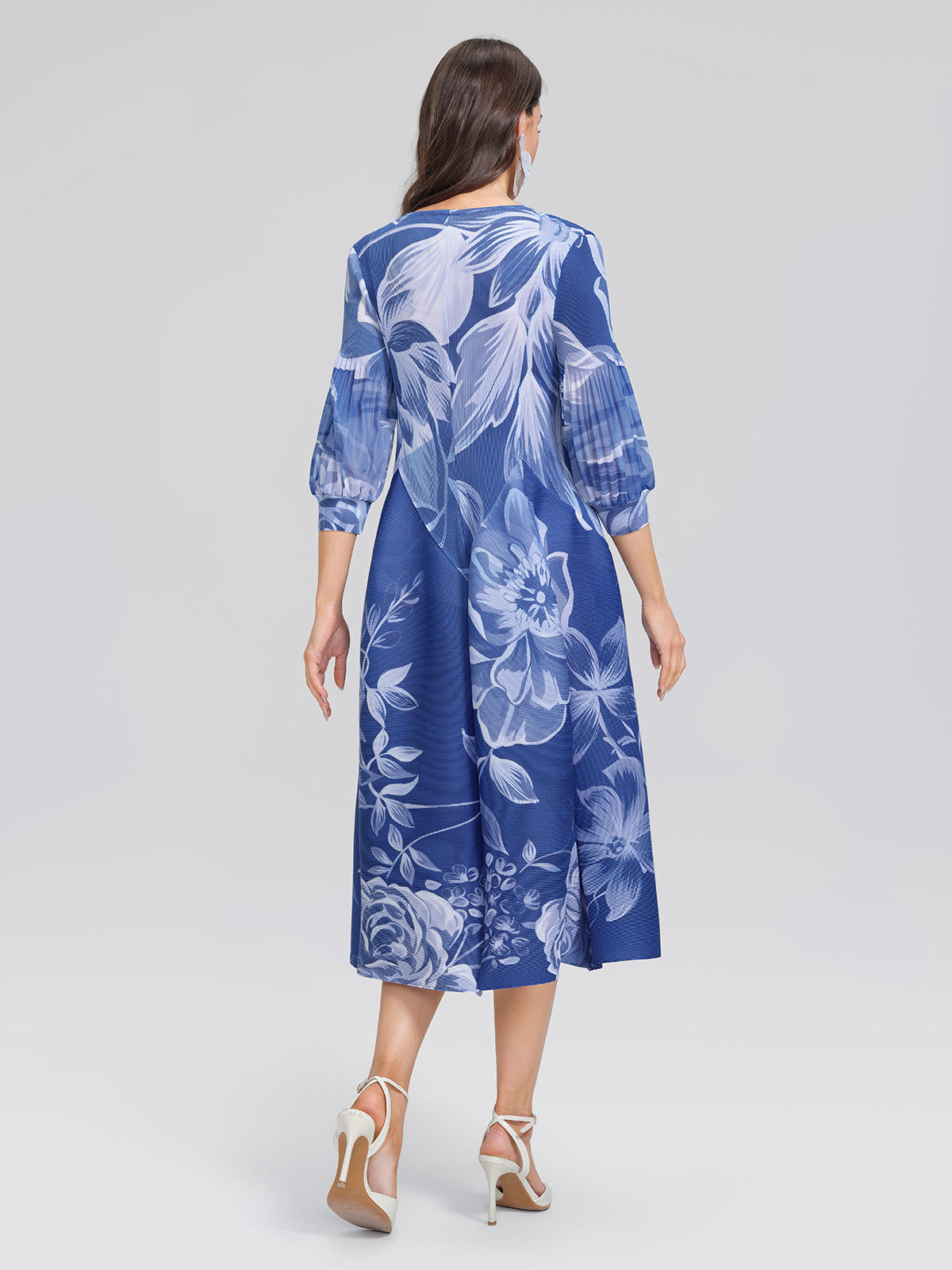 Pleated Print Lantern Sleeve Maxi Dress
