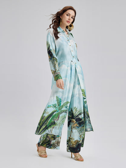Silk Palm Print Tie Shirt