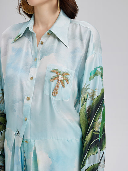 Silk Palm Print Tie Shirt
