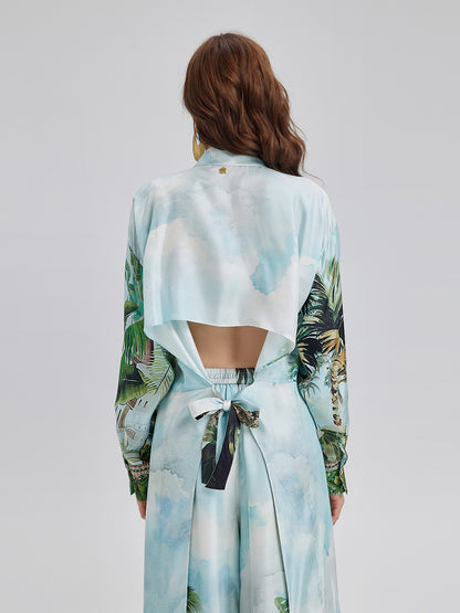 Silk Palm Print Tie Shirt