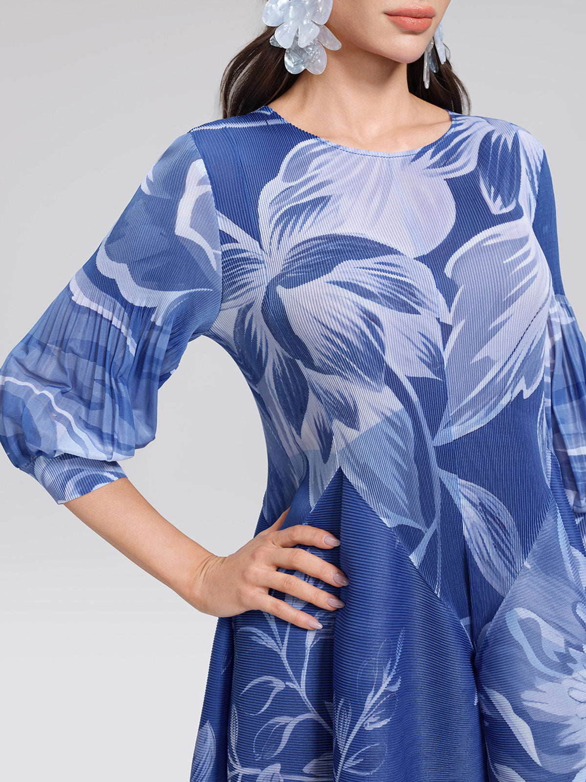 Pleated Print Lantern Sleeve Maxi Dress