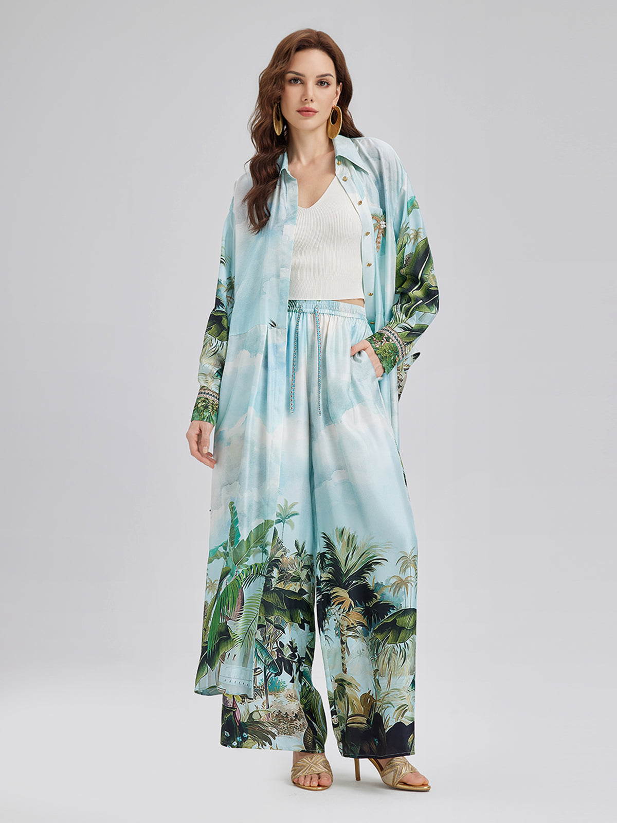 Silk Palm Print Tie Shirt