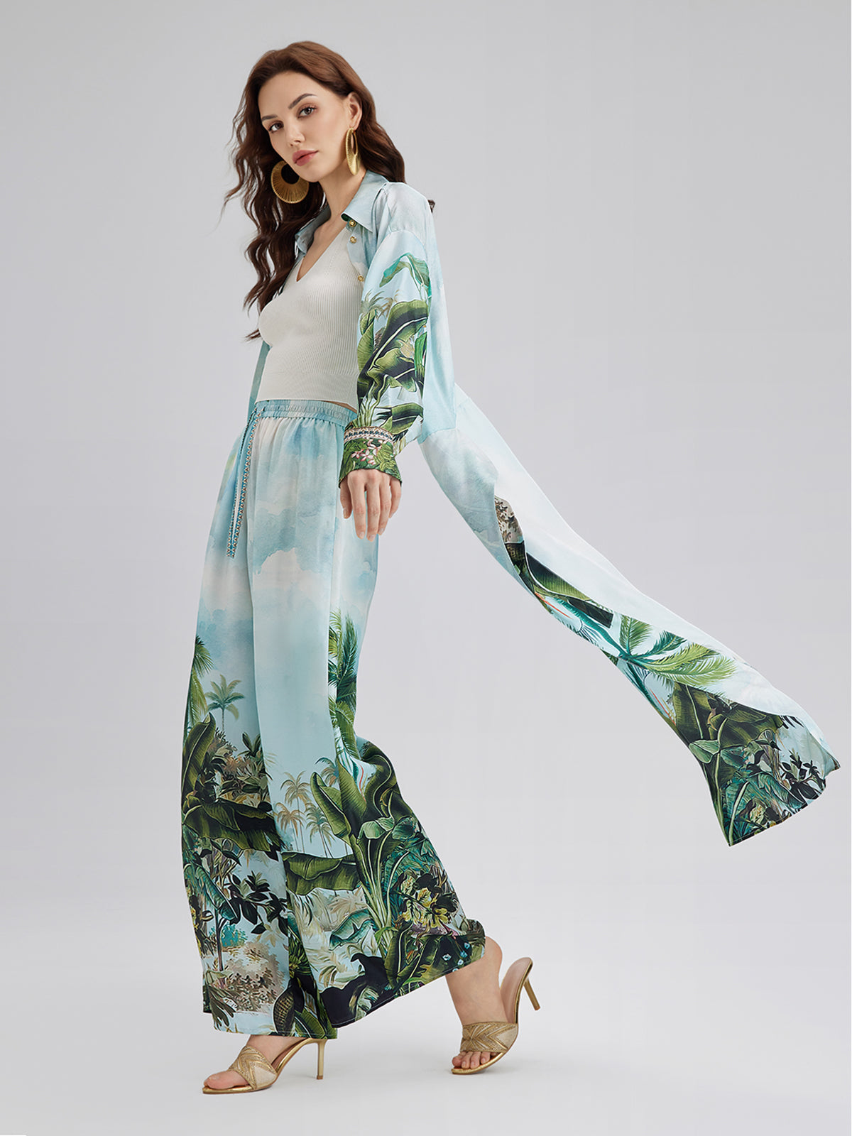 Silk Palm Print Tie Shirt