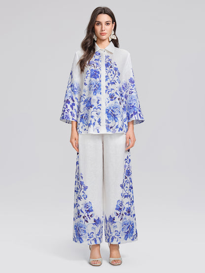 100% Linen Lapel Flared Sleeve Shirt