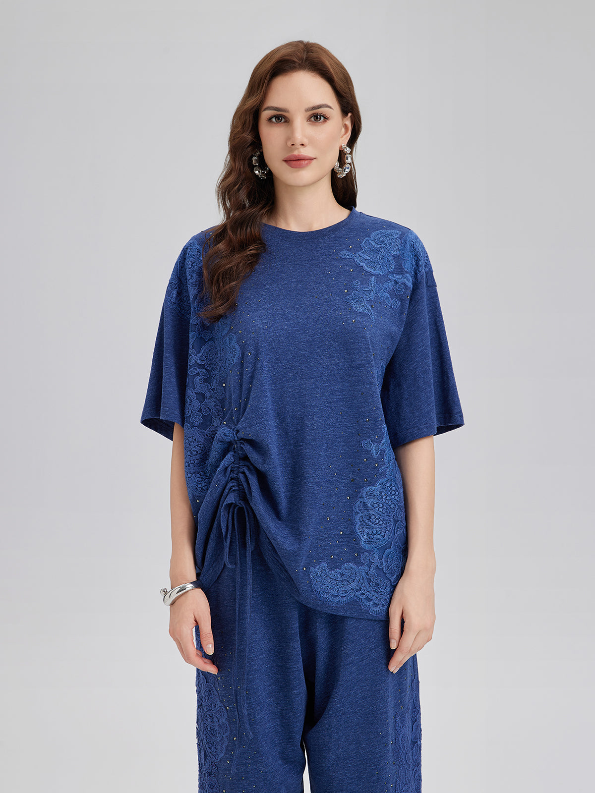 Hand-Lace Appliqué Knit Ruching Top