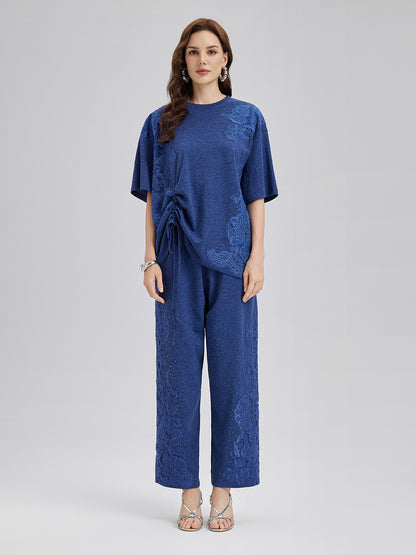 Hand-Lace Appliqué Knit Pants