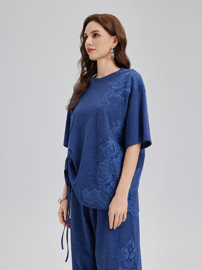 Hand-Lace Appliqué Knit Ruching Top
