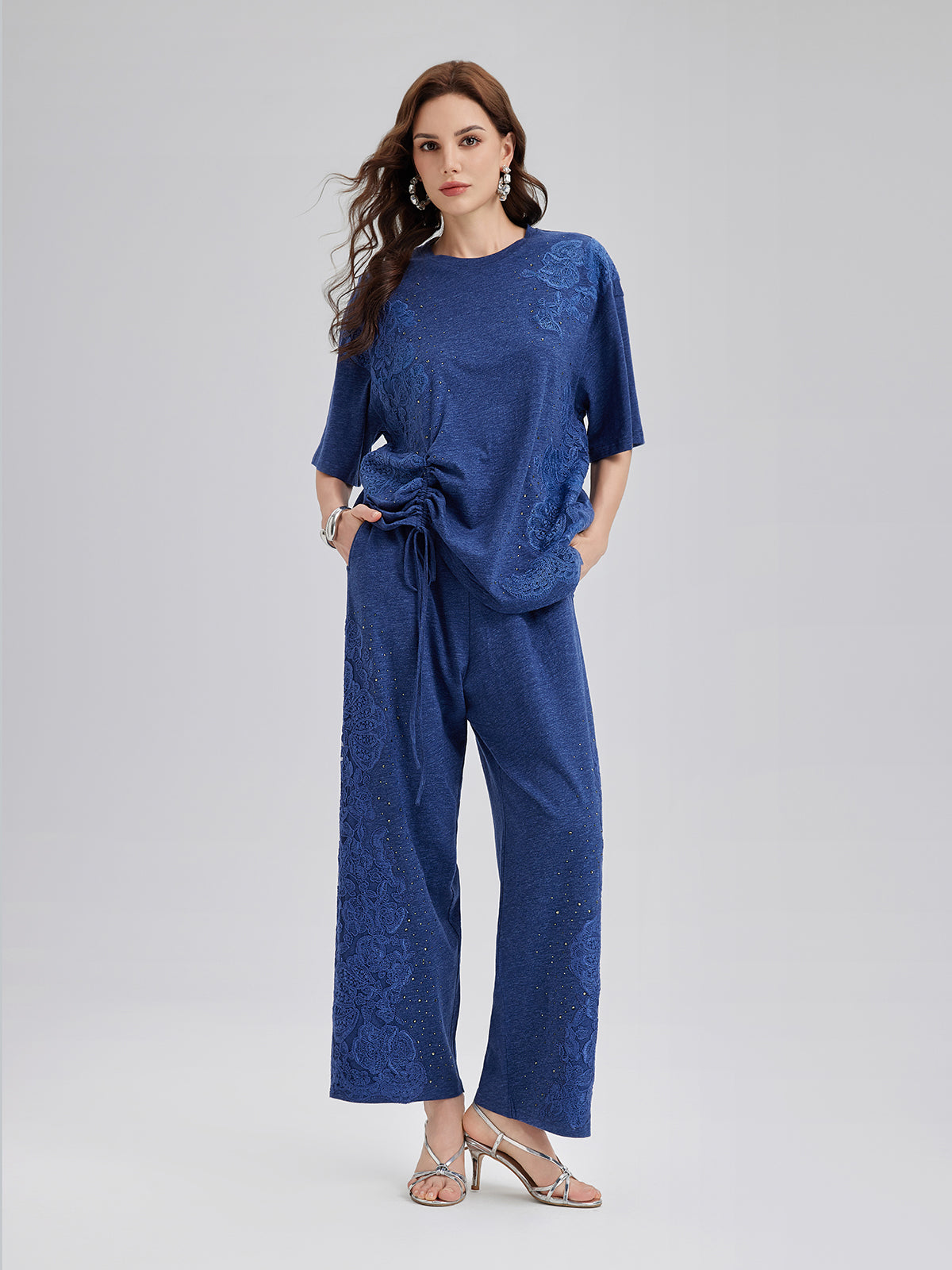 Hand-Lace Appliqué Knit Pants