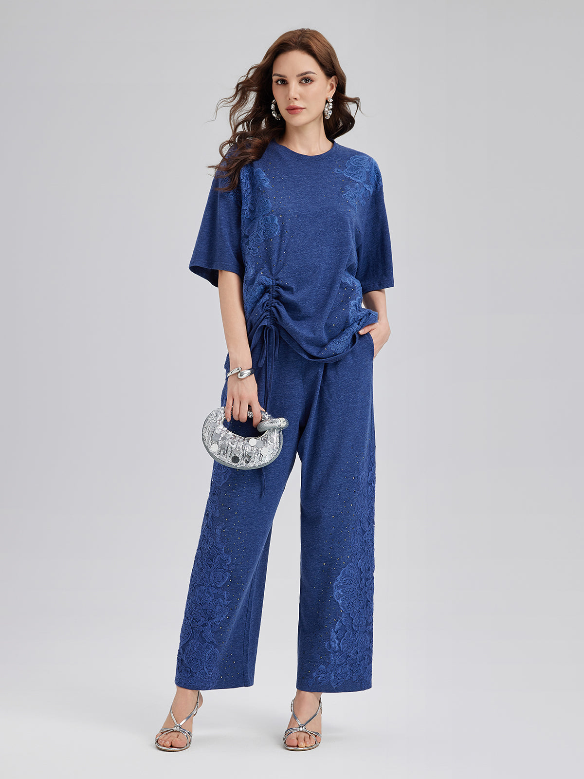 Hand-Lace Appliqué Knit Pants