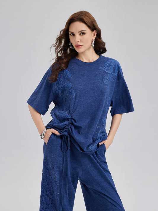Hand-Lace Appliqué Knit Ruching Top