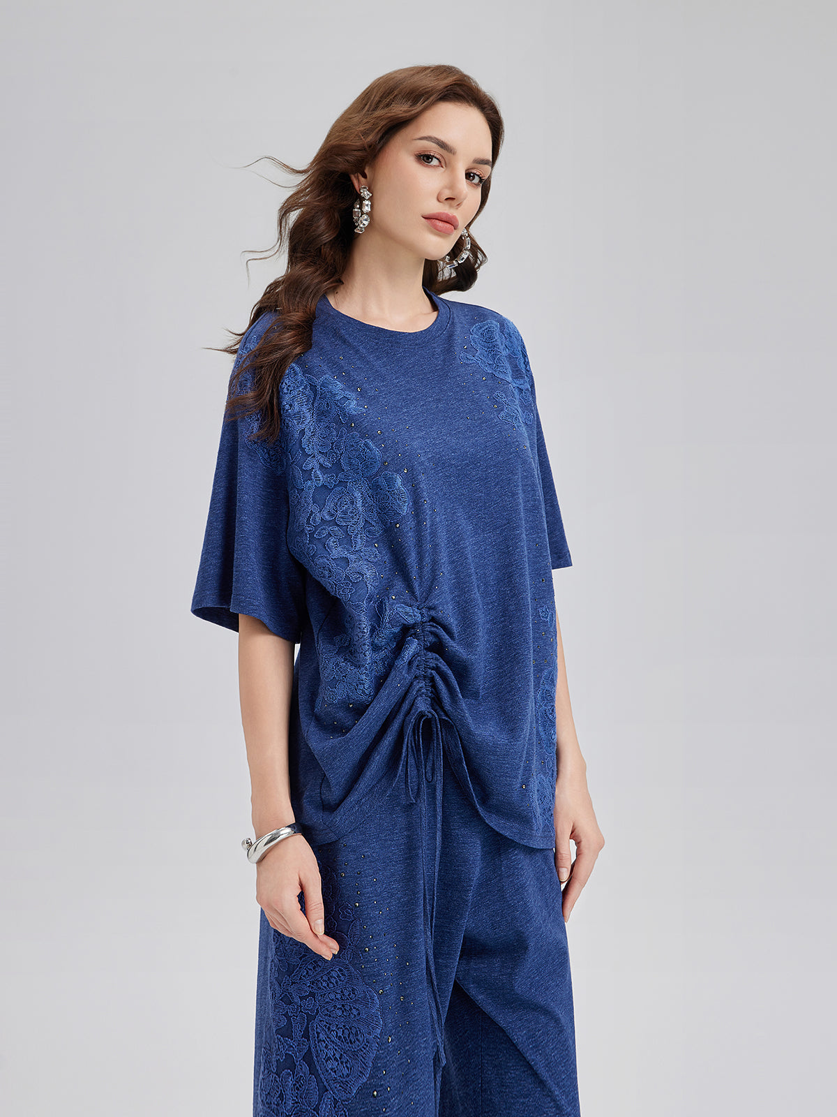 Hand-Lace Appliqué Knit Ruching Top