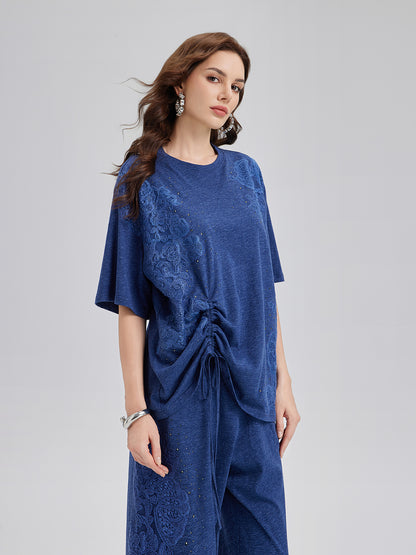 Hand-Lace Appliqué Knit Ruching Top