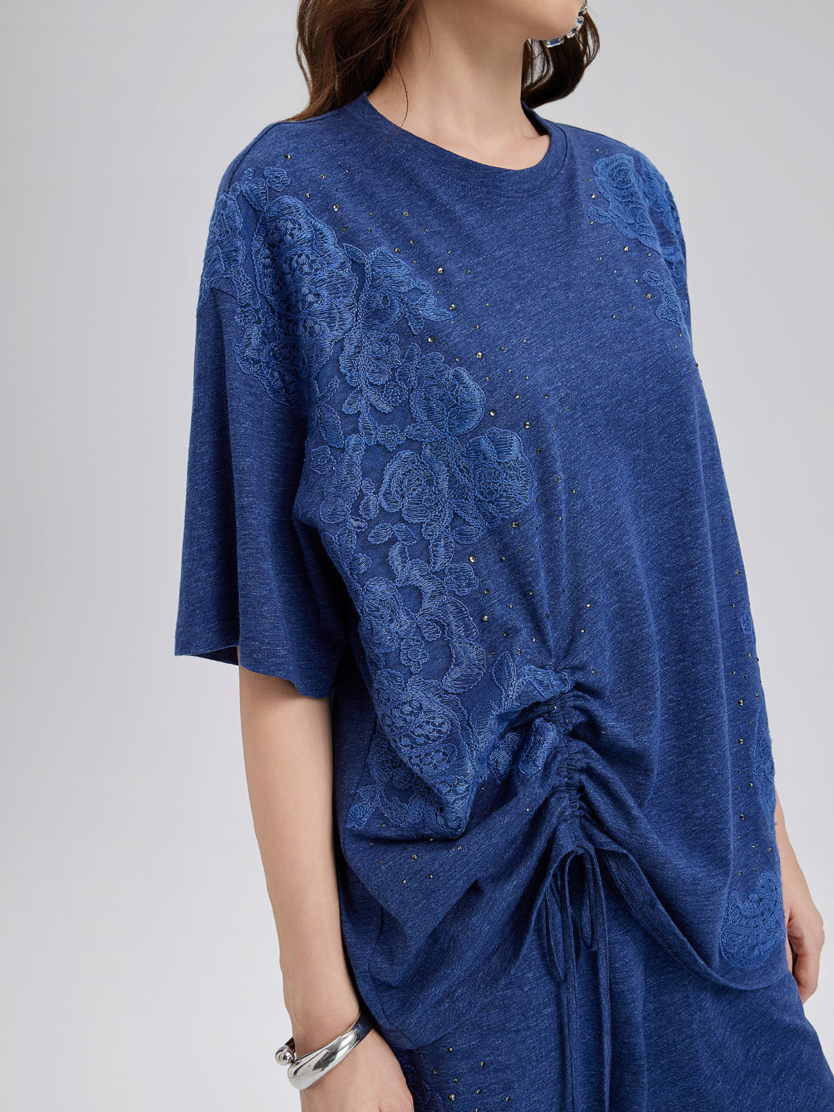 Hand-Lace Appliqué Knit Ruching Top