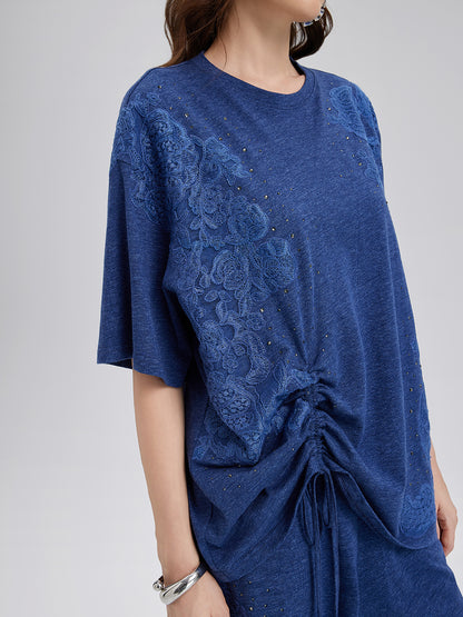 Hand-Lace Appliqué Knit Ruching Top