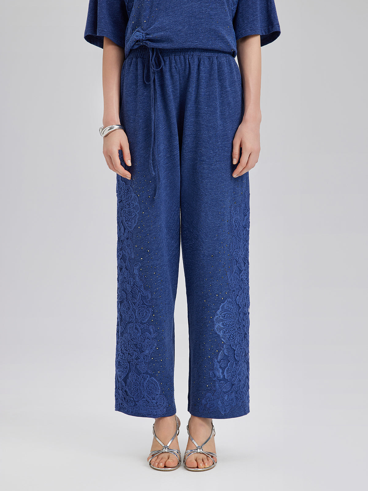 Hand-Lace Appliqué Knit Pants