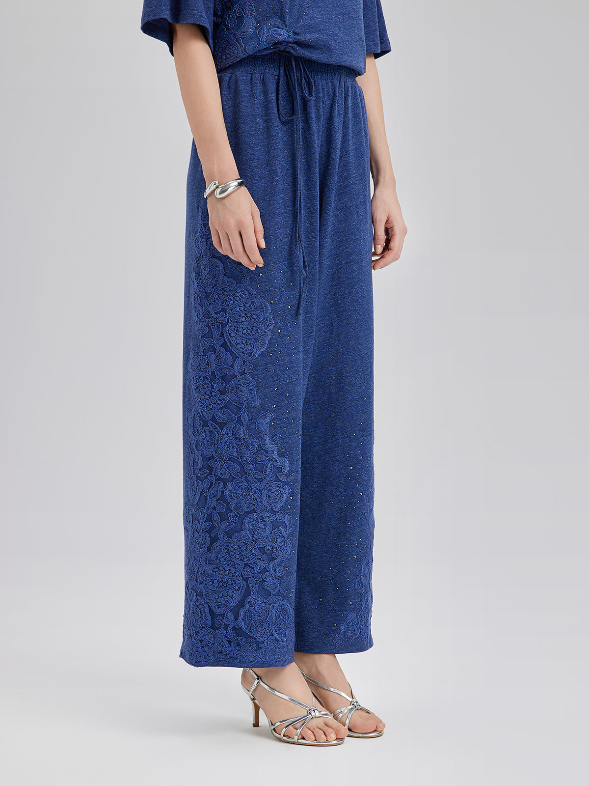 Hand-Lace Appliqué Knit Pants