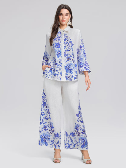 100% Linen Lapel Flared Sleeve Shirt