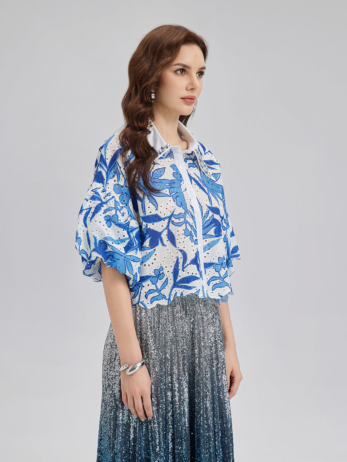 Hand-Beaded Hotfix Rhinestone Floral Top