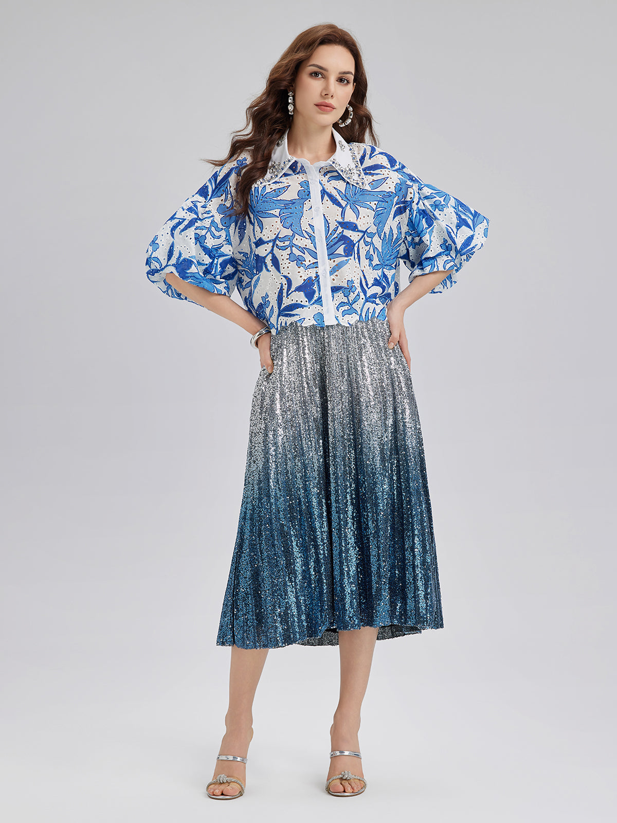 Ombre Sequin Pleated Midi Skirt