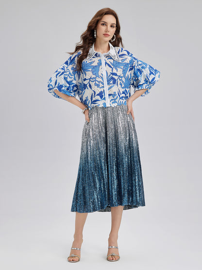 Ombre Sequin Pleated Midi Skirt