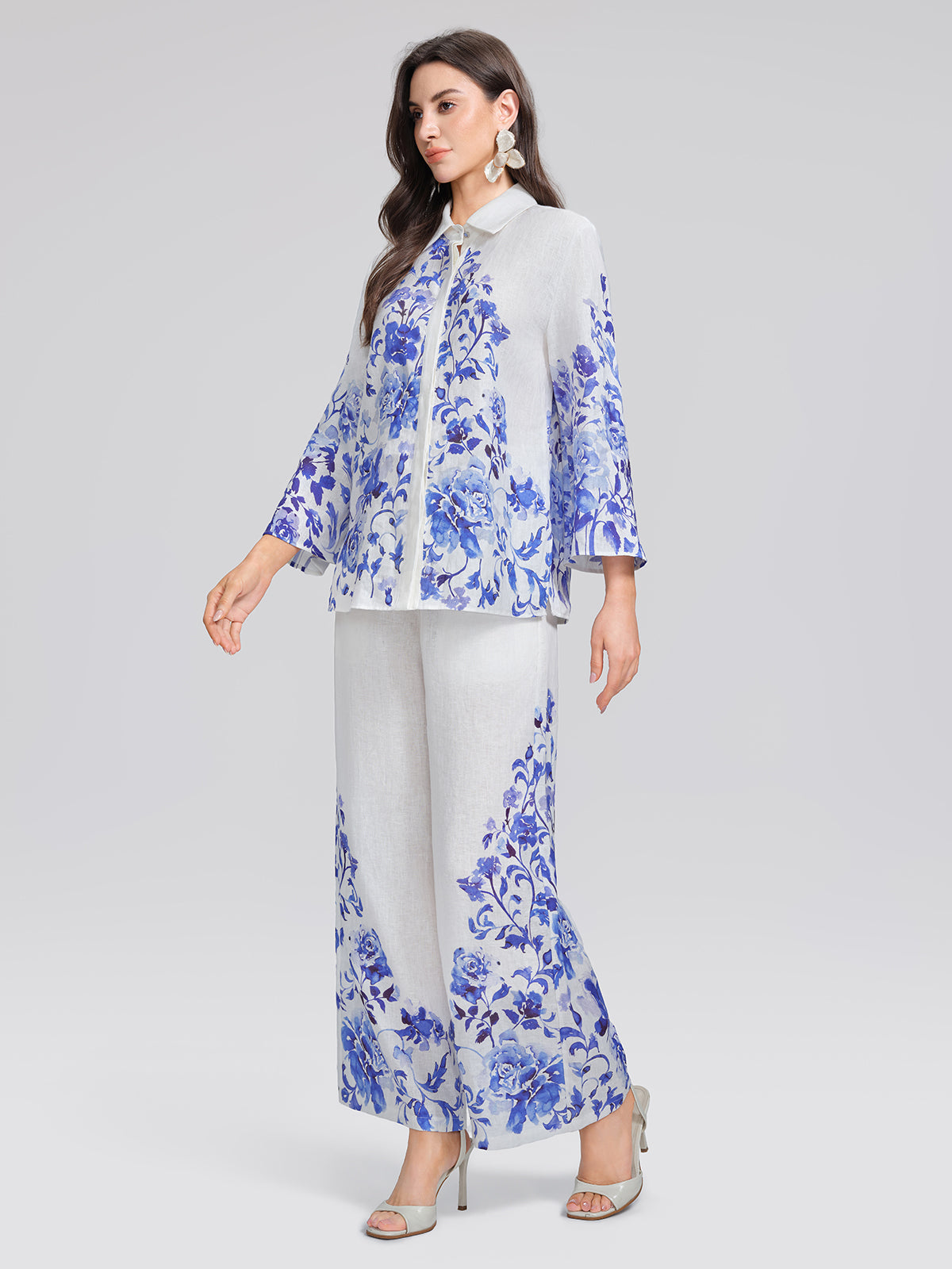 100% Linen Lapel Flared Sleeve Shirt