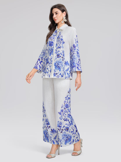 100% Linen Drawstring Wide-Leg Pants