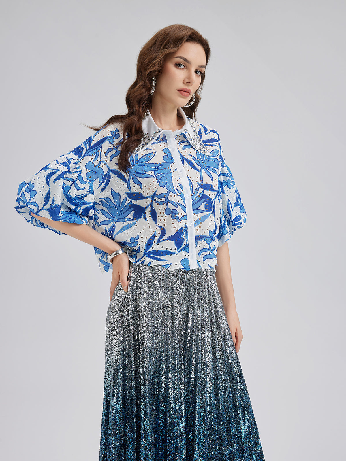 Hand-Beaded Hotfix Rhinestone Floral Top