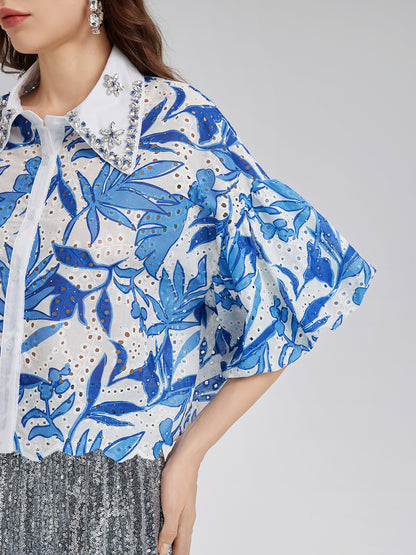 Hand-Beaded Hotfix Rhinestone Floral Top