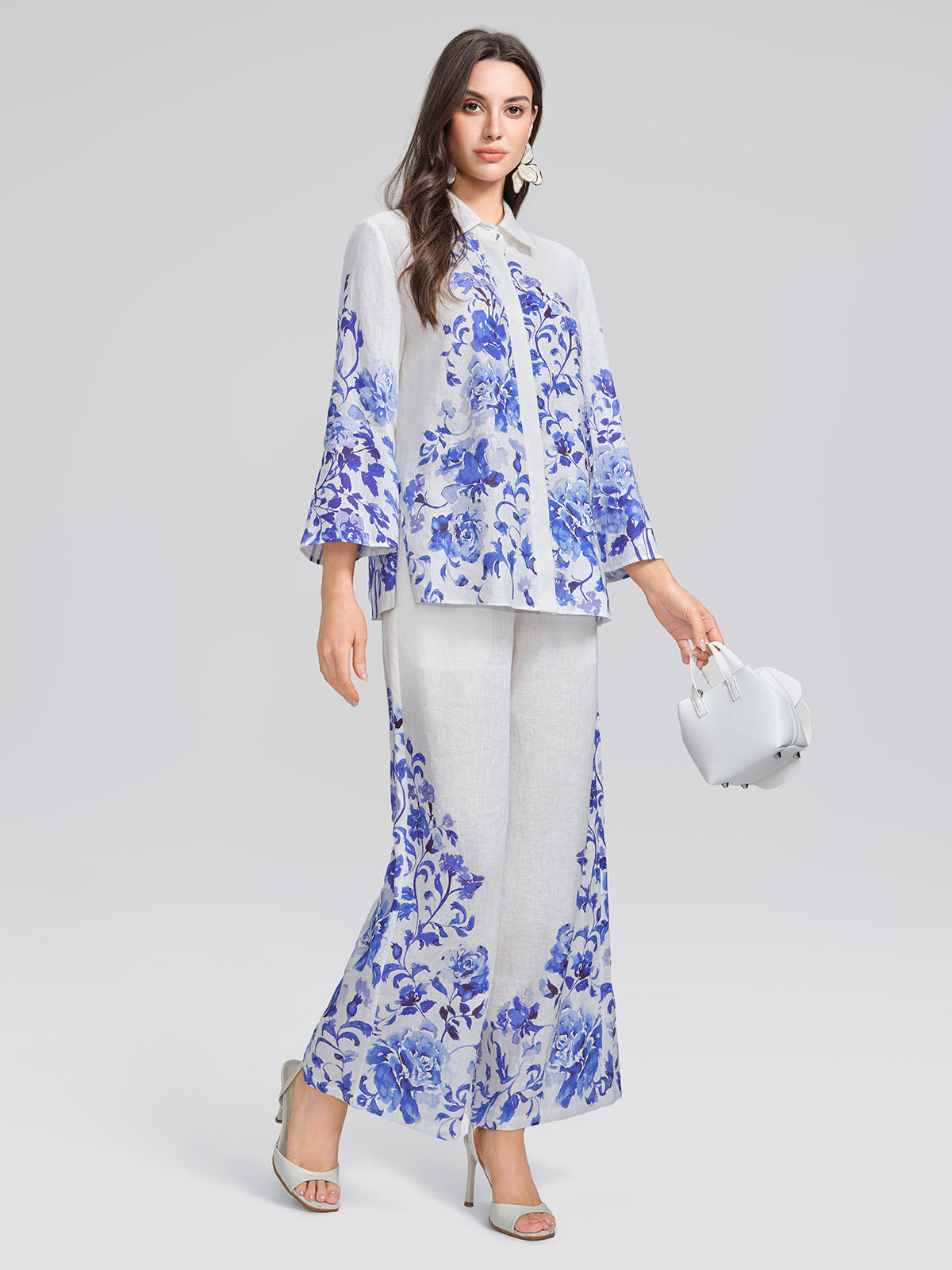 100% Linen Lapel Flared Sleeve Shirt