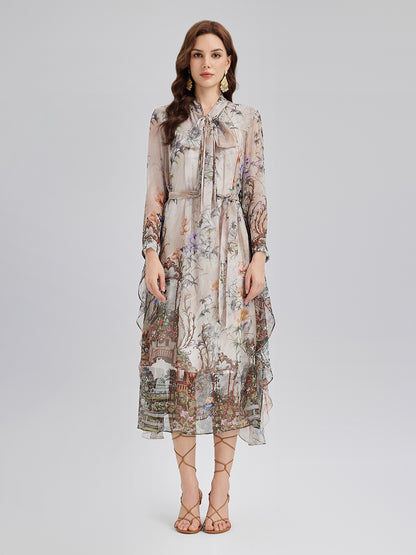 Final Sale | Silk Court Print Pleated Maxi Dress