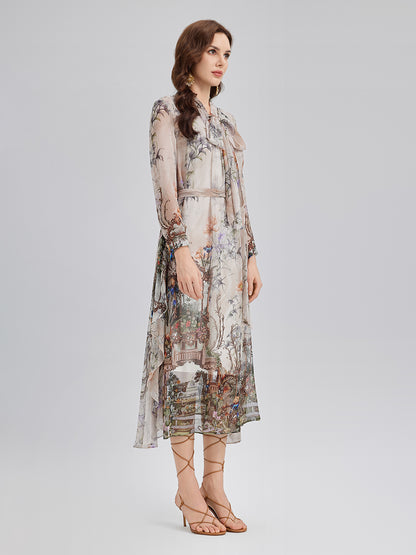 Final Sale | Silk Court Print Pleated Maxi Dress
