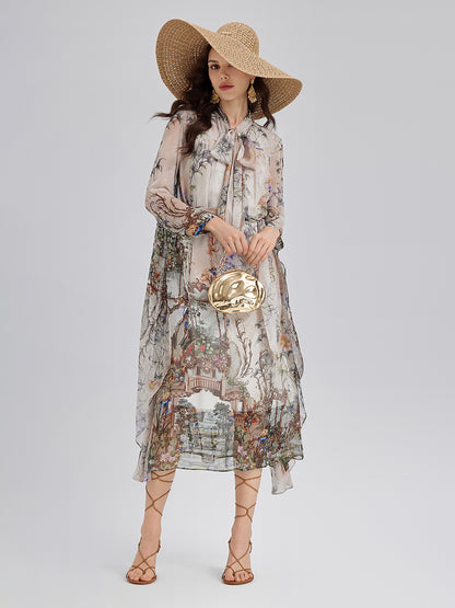 Final Sale | Silk Court Print Pleated Maxi Dress