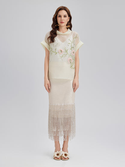 Silk 3D Sequin Embroidered Short-Sleeve Top
