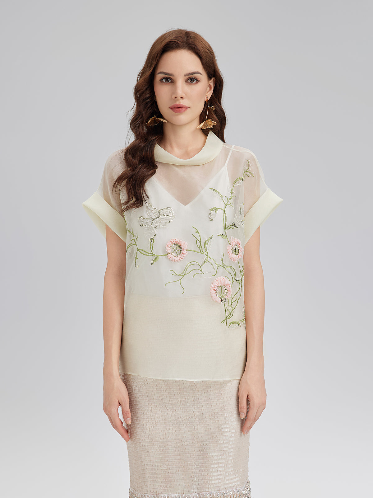 Silk 3D Sequin Embroidered Short-Sleeve Top