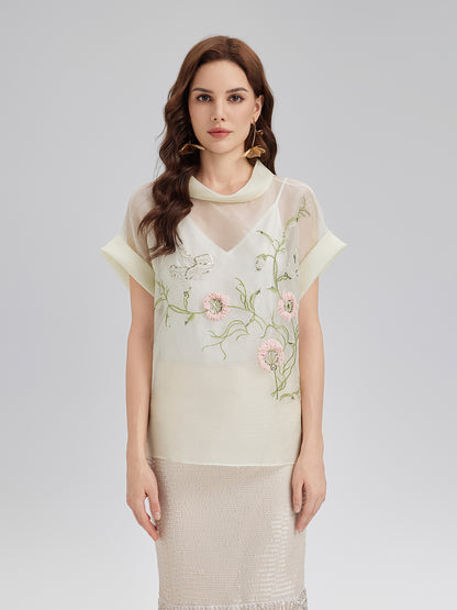 Silk 3D Sequin Embroidered Short-Sleeve Top