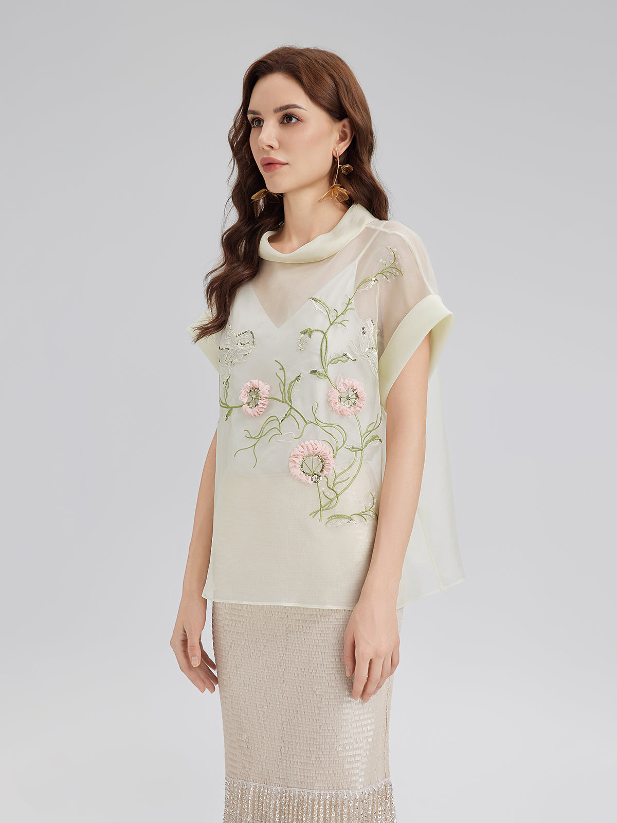 Silk 3D Sequin Embroidered Short-Sleeve Top