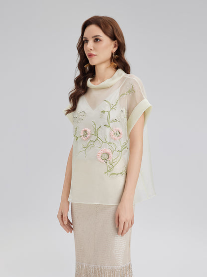 Silk 3D Sequin Embroidered Short-Sleeve Top