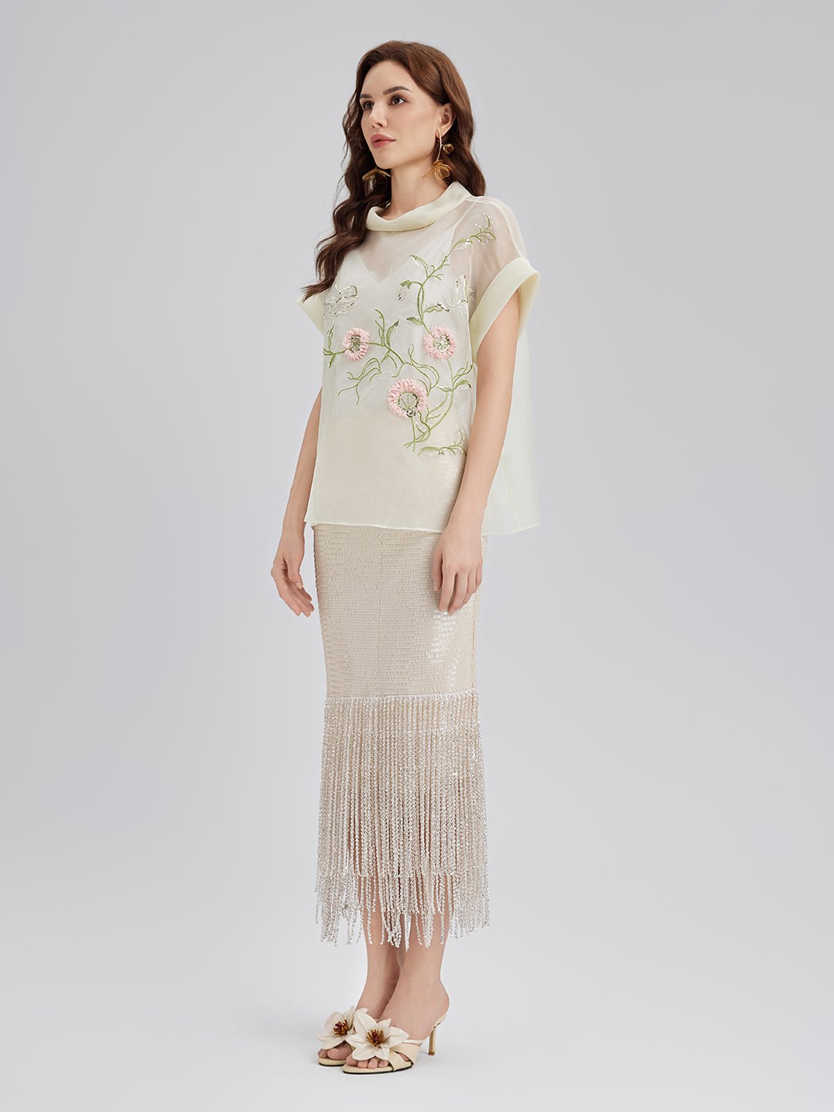Silk 3D Sequin Embroidered Short-Sleeve Top