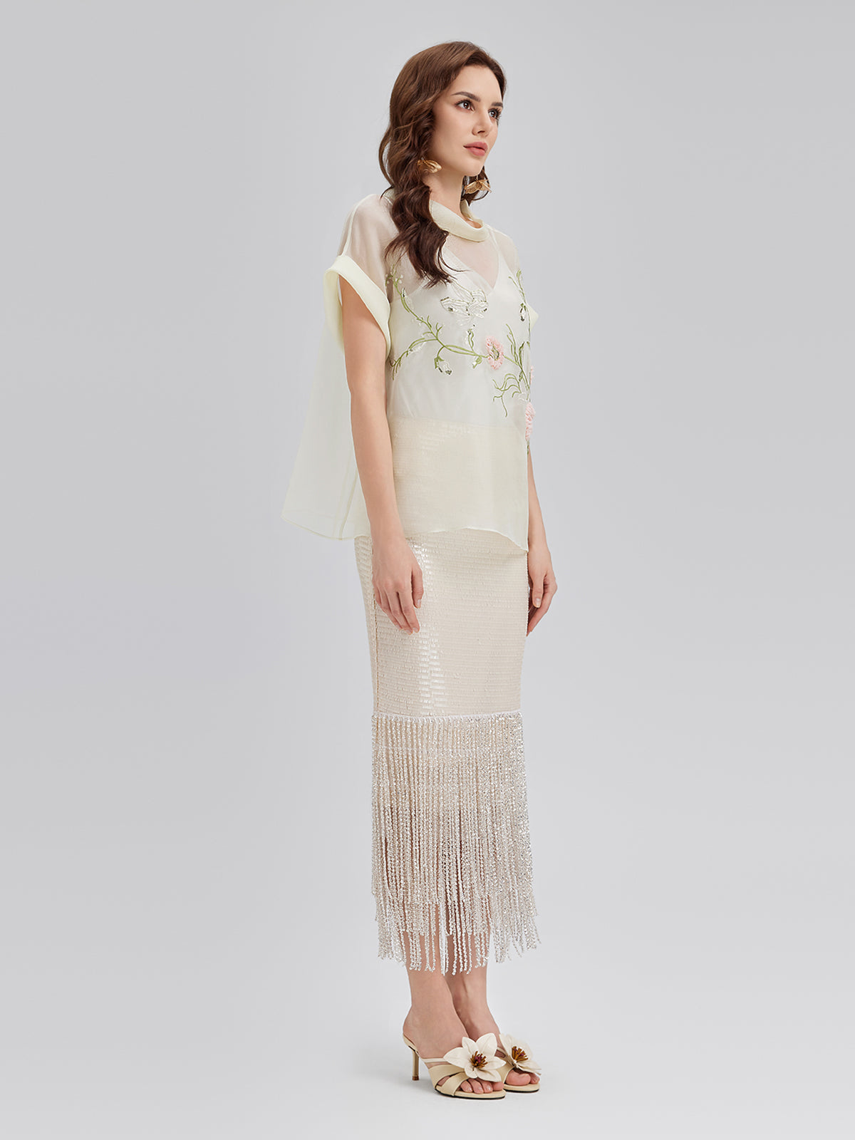 Silk 3D Sequin Embroidered Short-Sleeve Top