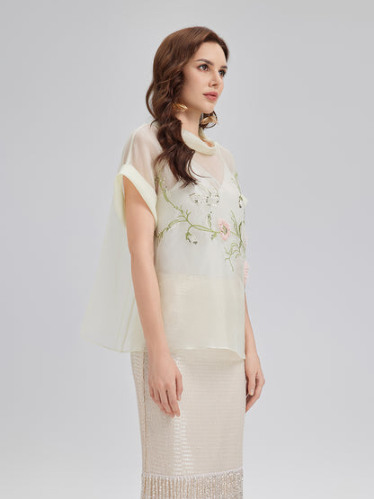 Silk 3D Sequin Embroidered Short-Sleeve Top