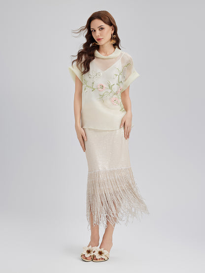 Silk 3D Sequin Embroidered Short-Sleeve Top