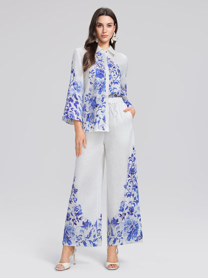 100% Linen Lapel Flared Sleeve Shirt