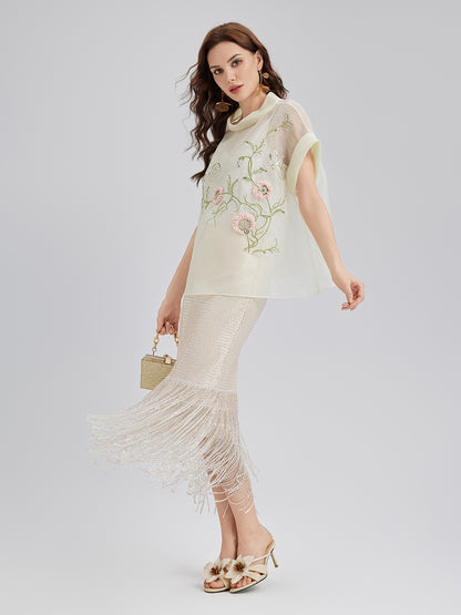 Silk 3D Sequin Embroidered Short-Sleeve Top