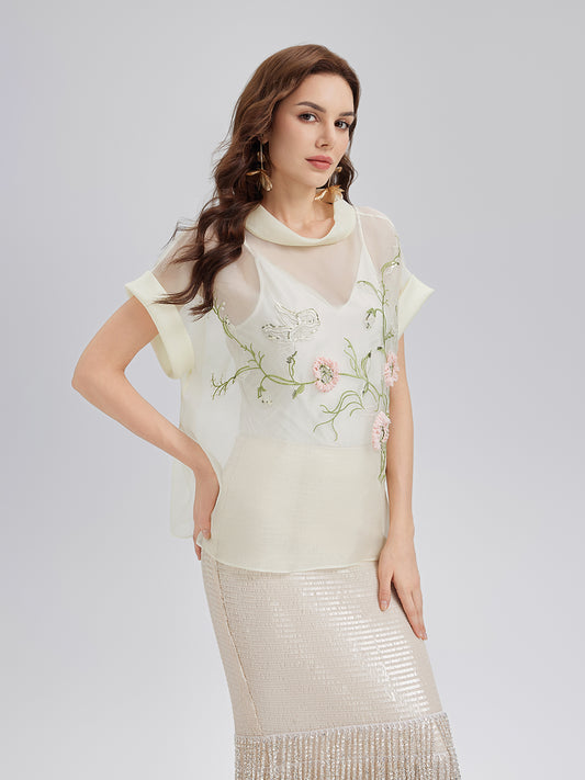 Silk 3D Sequin Embroidered Short-Sleeve Top