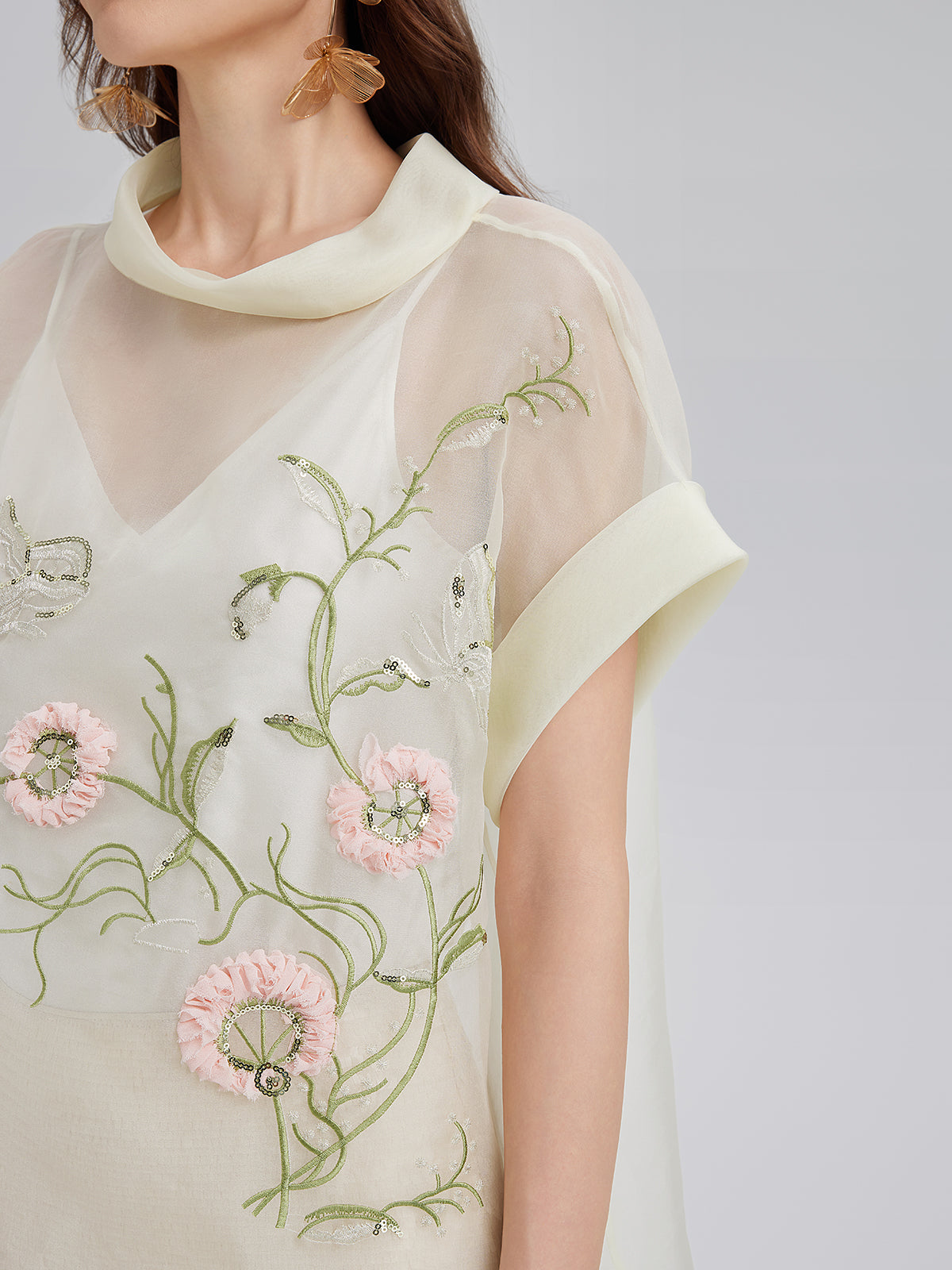 Silk 3D Sequin Embroidered Short-Sleeve Top