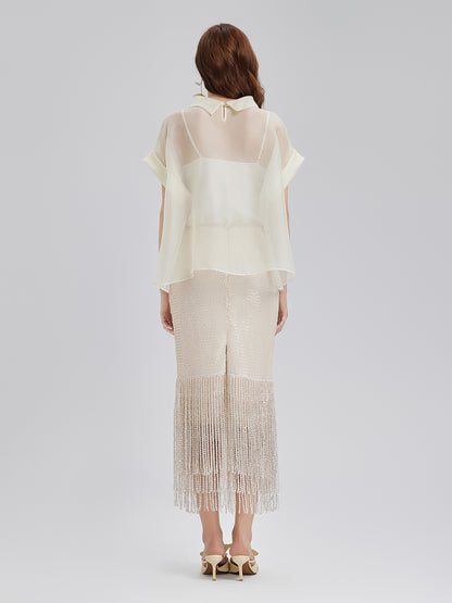 Silk 3D Sequin Embroidered Short-Sleeve Top