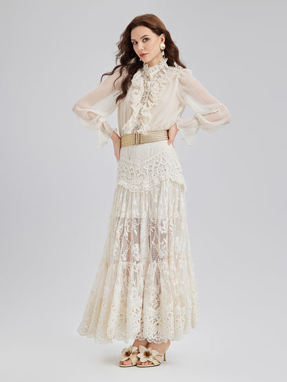 Ruffled Stand Collar Beaded Shirt